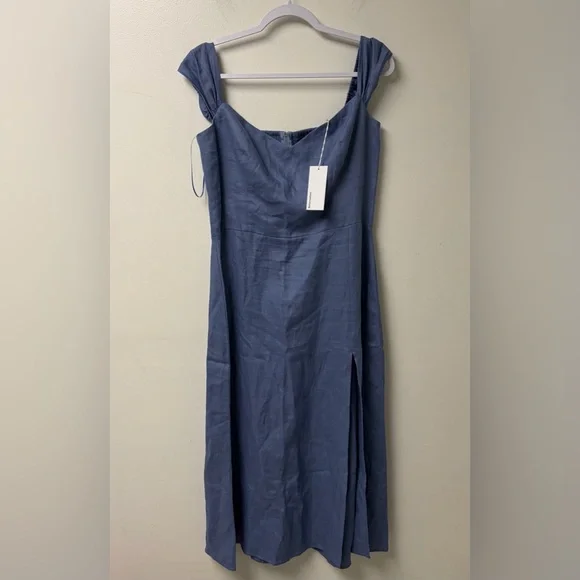 Reformation NWT Bridgton Blue Linen Smocked Midi Dress‎ Size 12